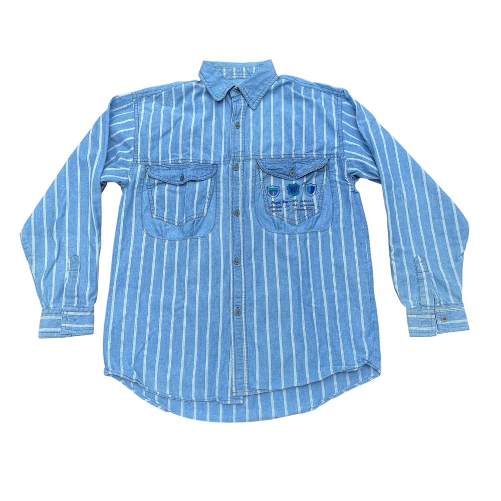 Bugle Boy Boys Large 16-18 Blue And White Denim Button Down Long Sleeve Shirt